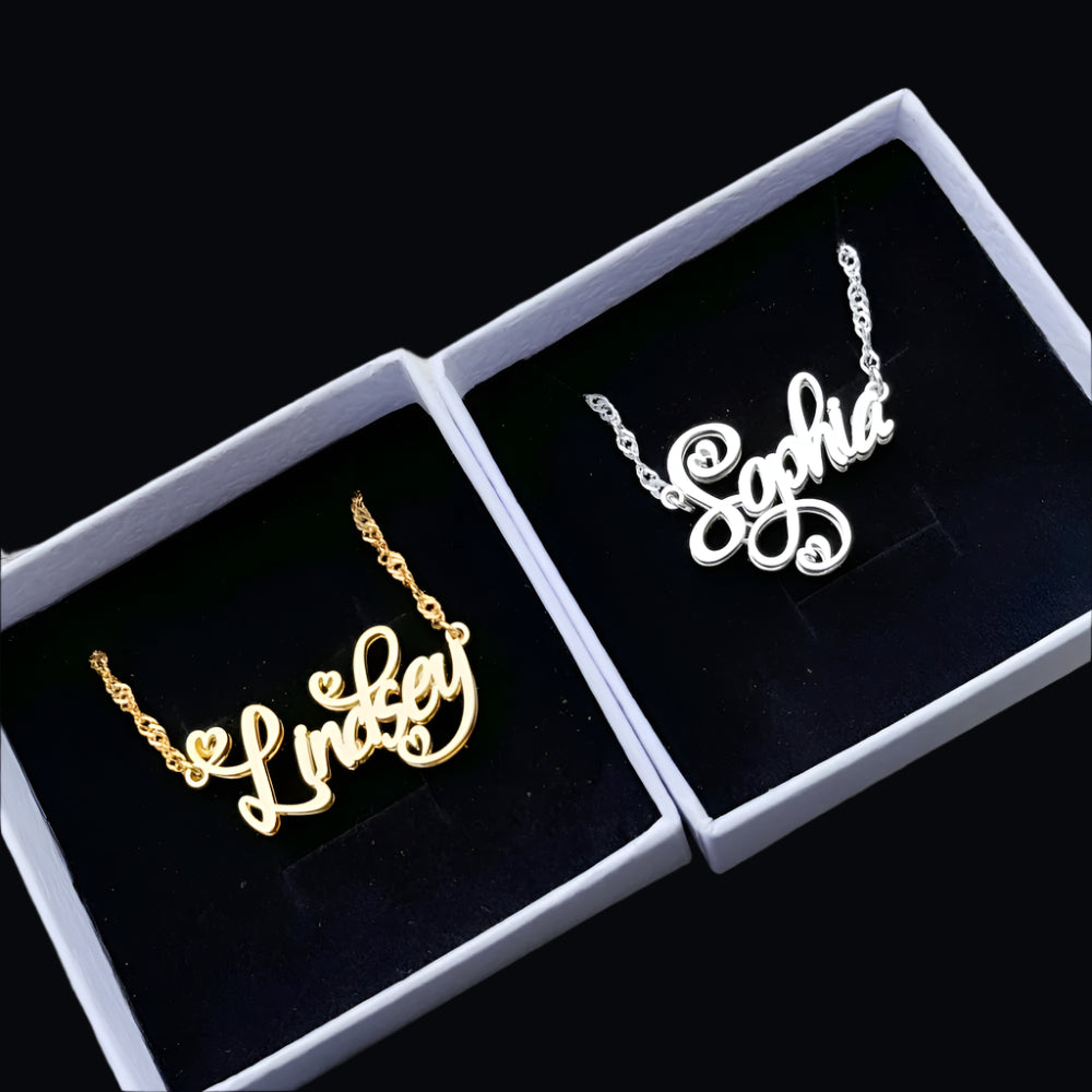 " Double Up" Heart Font Name Necklace
