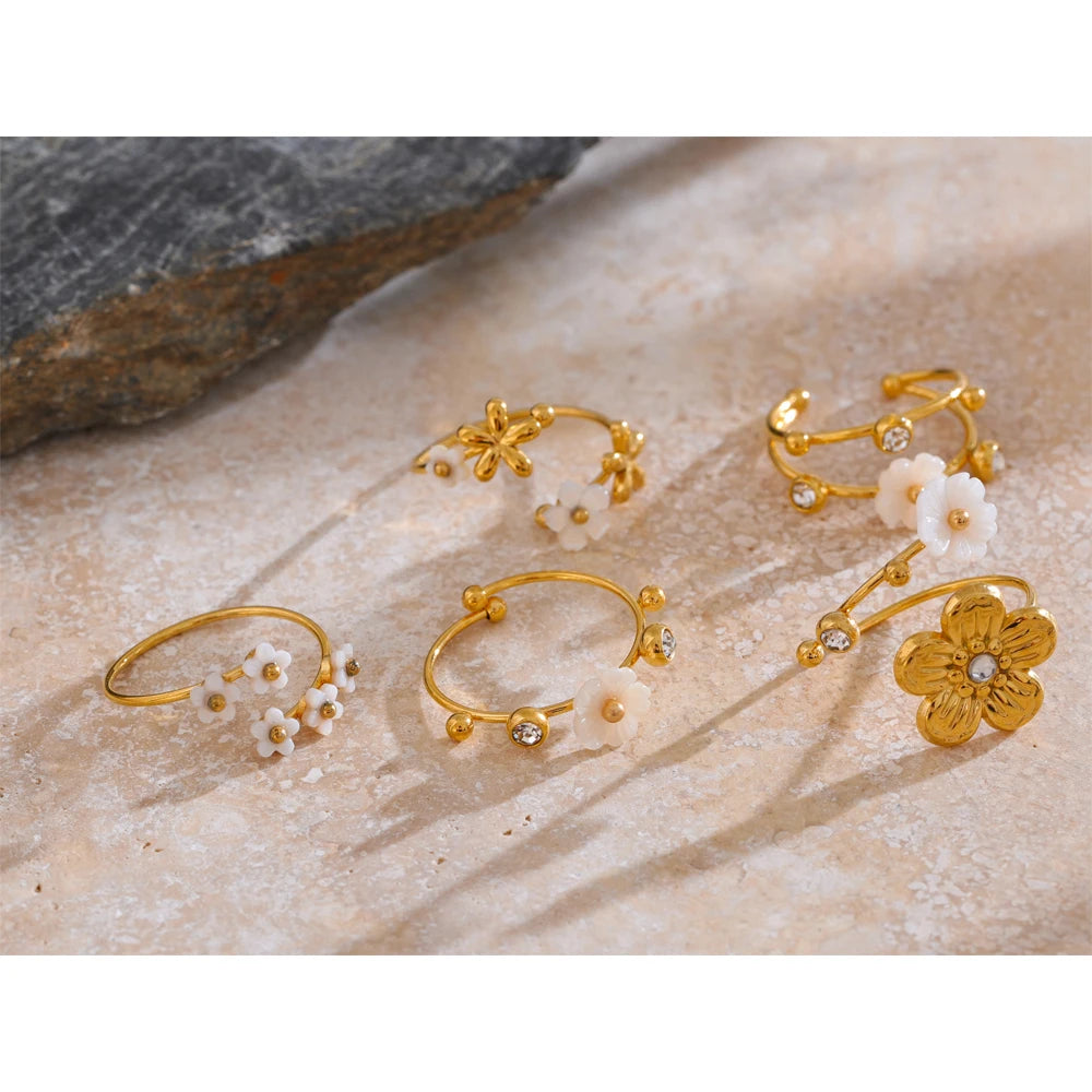 Natural Shell Zircon Flower Adjustable Rings